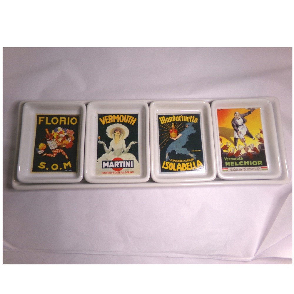 Pottery Barn Vintage Poster Appetizer Set‎ 4 Dishes & Tray Martini Florio White